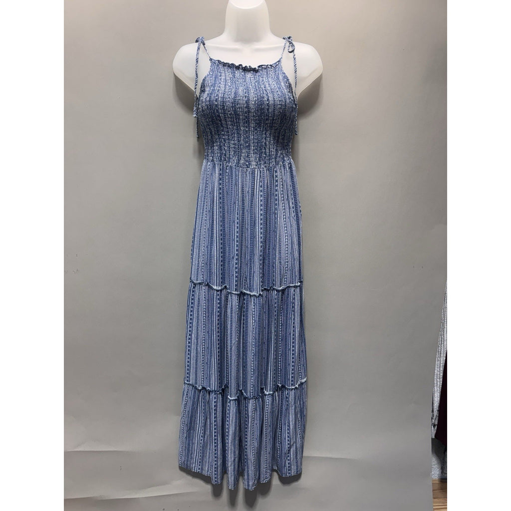 Wild Fable Blue White Tiered Maxi Dress Women Small Smocked Tie Strap Boho NWT