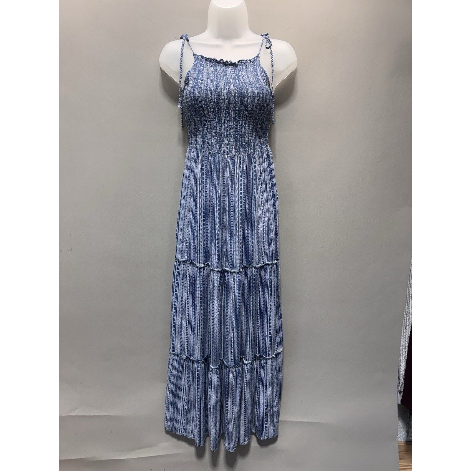 Wild Fable Blue White Tiered Maxi Dress Women Small Smocked Tie Strap Boho NWT