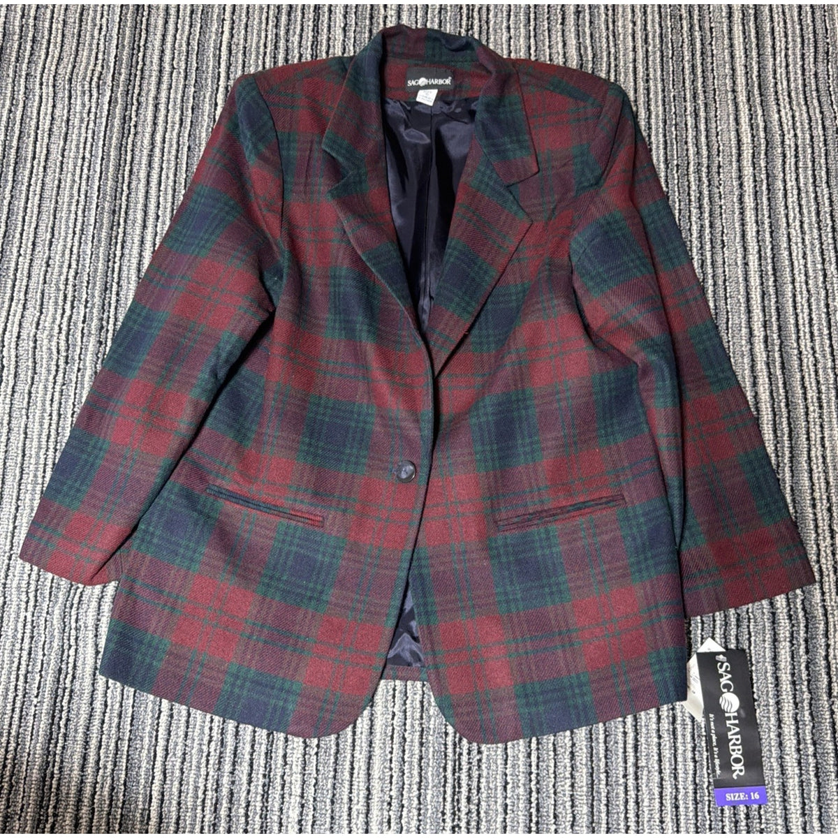 Vtg Sag Harbor Women's 12 Red Plaid Wool Blend Single Breasted Lined Blazer NWT