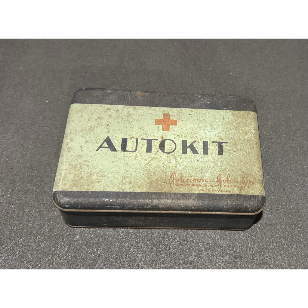 Johnson & Johnson Autokit Metal First Aid Tin Blue/Beige Medicine Made in USA