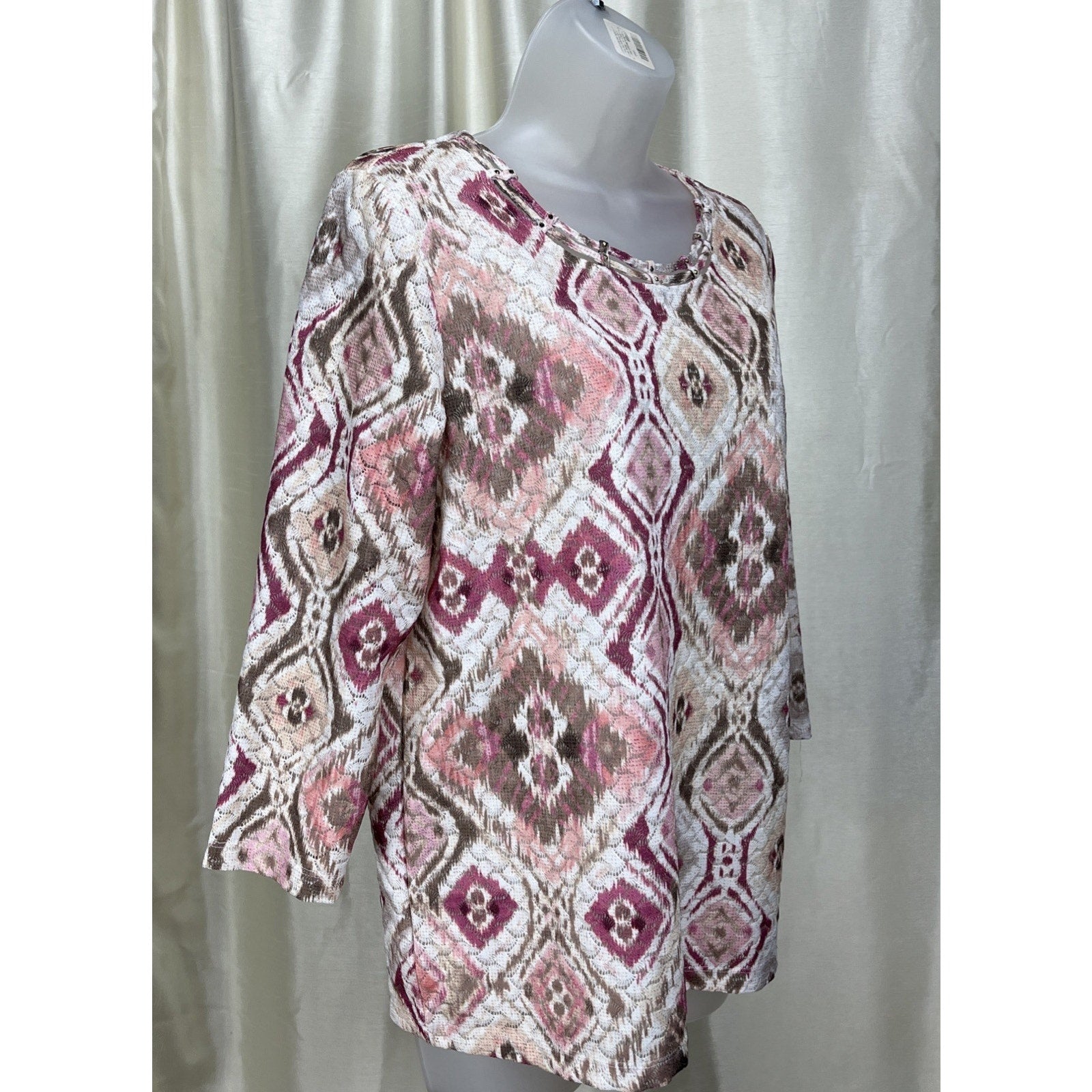 Alfred Dunner Quilted Shirt Women's Small Lined Pink Abstract Jewels 3/4 Sleeve