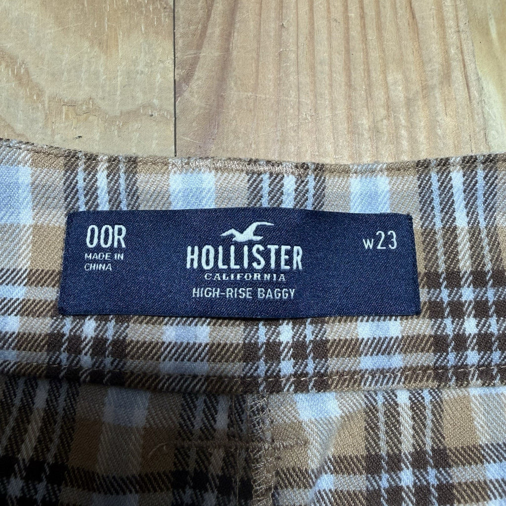 Hollister High Rise Baggy Pants Womens 00R W23 Brown Blue Plaid Wide Leg Y2K
