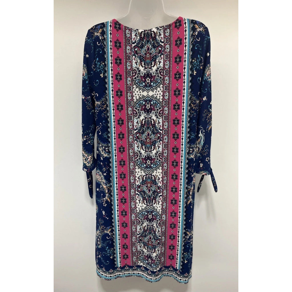 Chico’s Medallion Print Tie 3/4 Sleeve Lined Stretch Dress Size 1 (US Size 8)