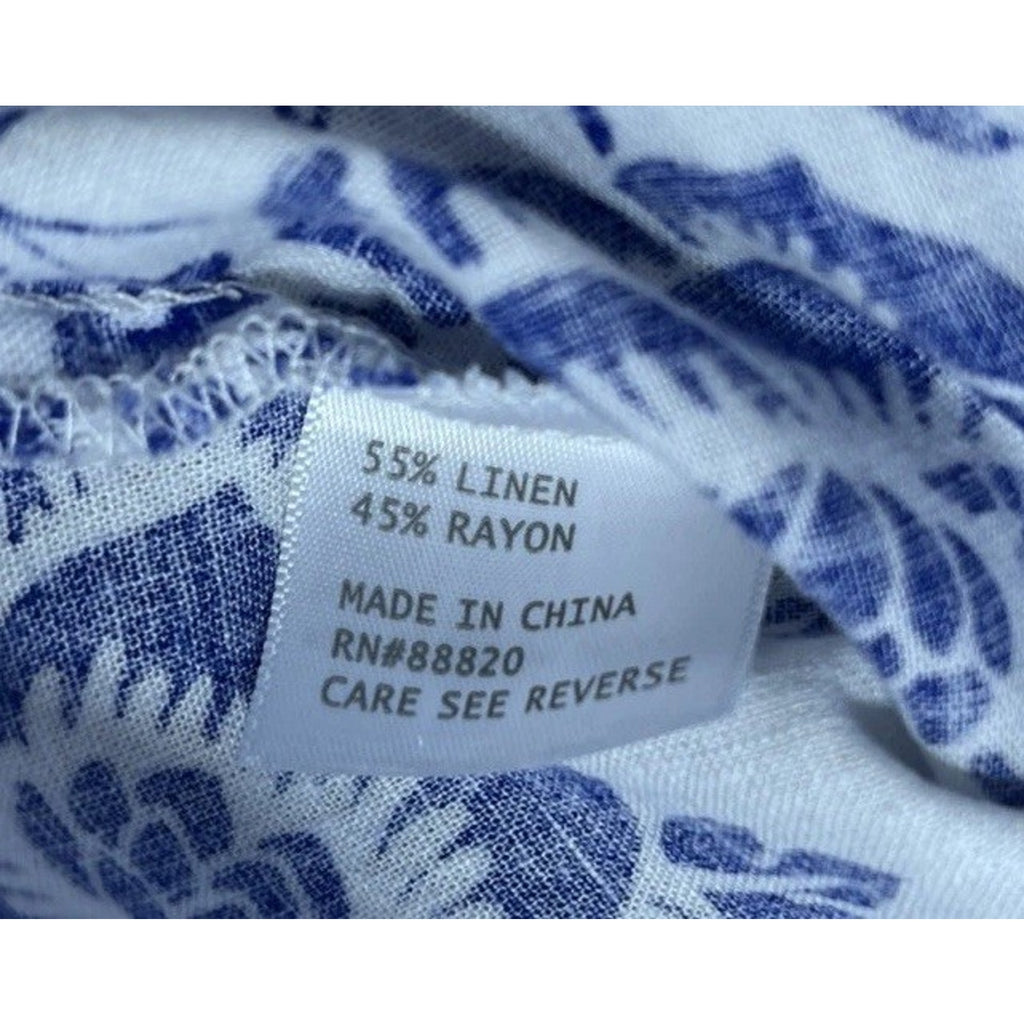 Rachel Zoe Women 3/4 Sleeve Button Linen Rayon Top Size M White Blue Floral