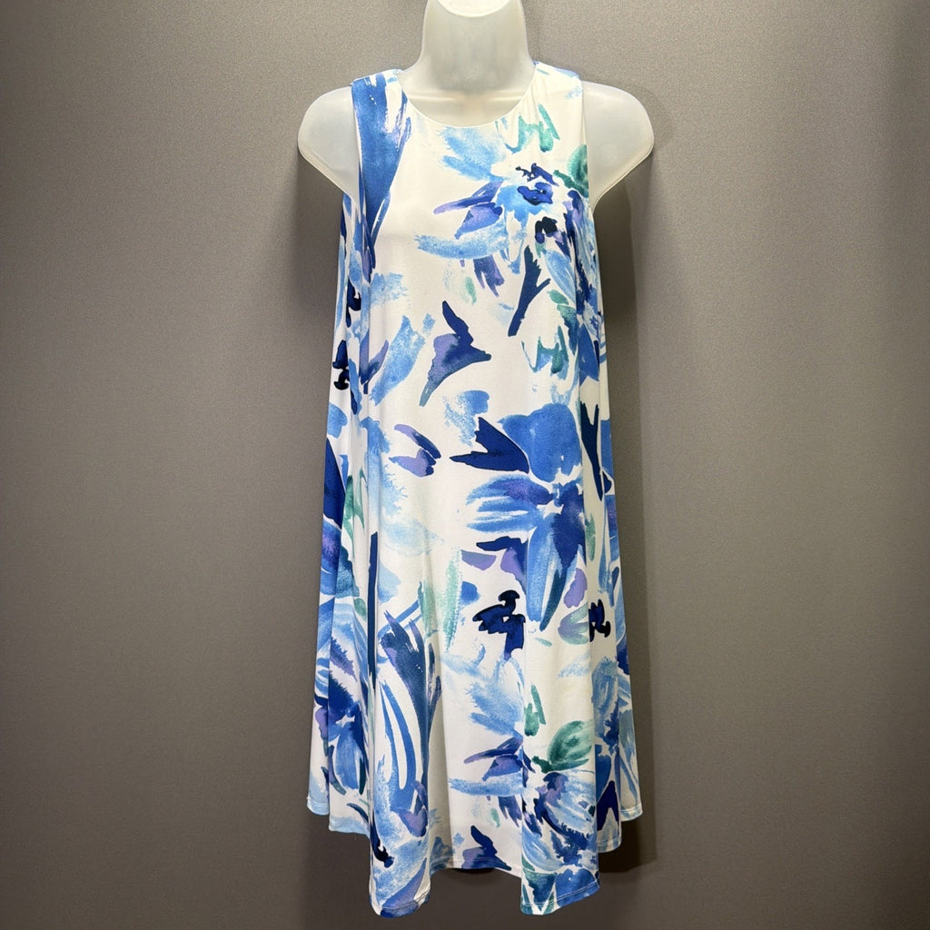 Ann Klein Watercolor Print Dress Sz 8 Blue White Turquoise Sleeveless Sheath