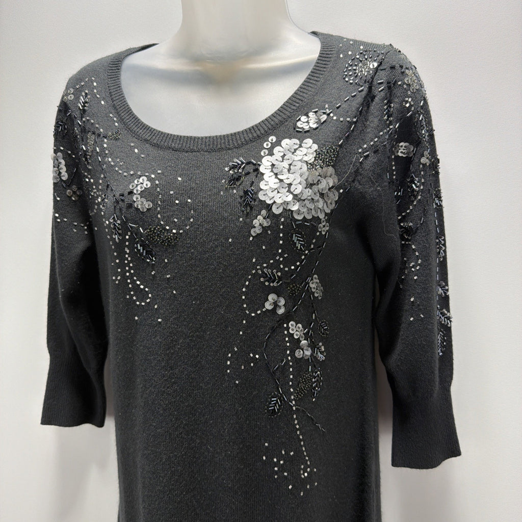 Cato Grey Ribbed 3/4 Sleeve Embellished Jewel Pullover Sweater Dress Sz Small