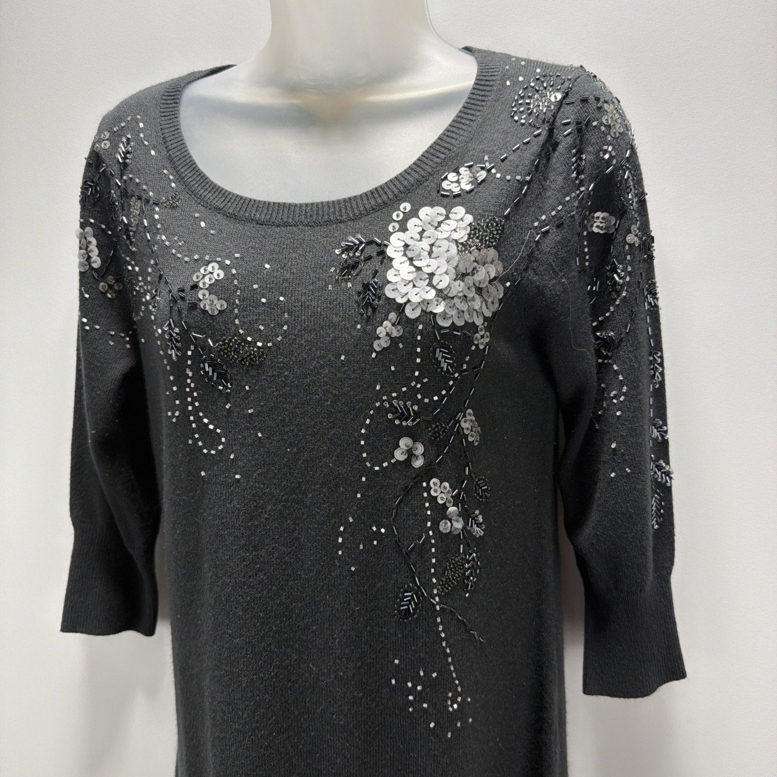 Cato Grey Ribbed 3/4 Sleeve Embellished Jewel Pullover Sweater Dress Sz Small