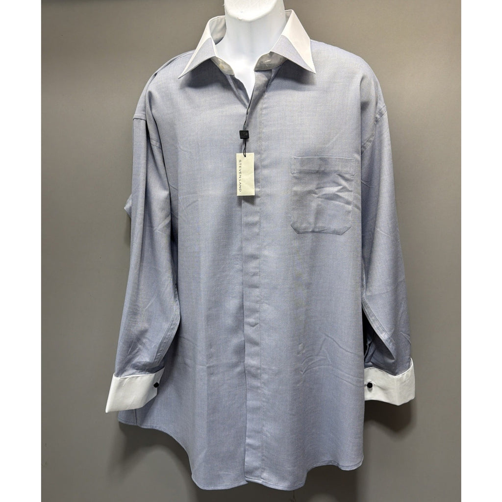 Steven Land Men’s 18.5 34/35 French Cuff Dress Shirt Blue White Contrast NWT