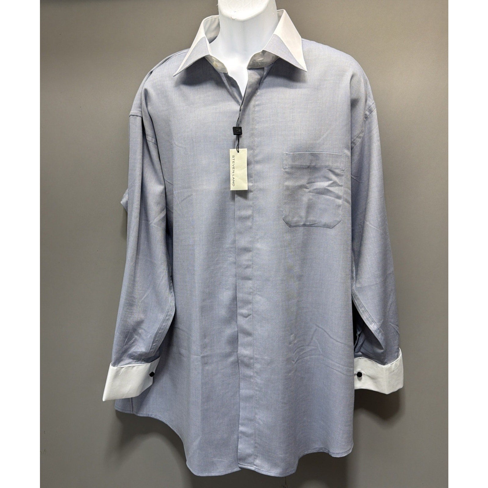 Steven Land Men’s 18.5 34/35 French Cuff Dress Shirt Blue White Contrast NWT