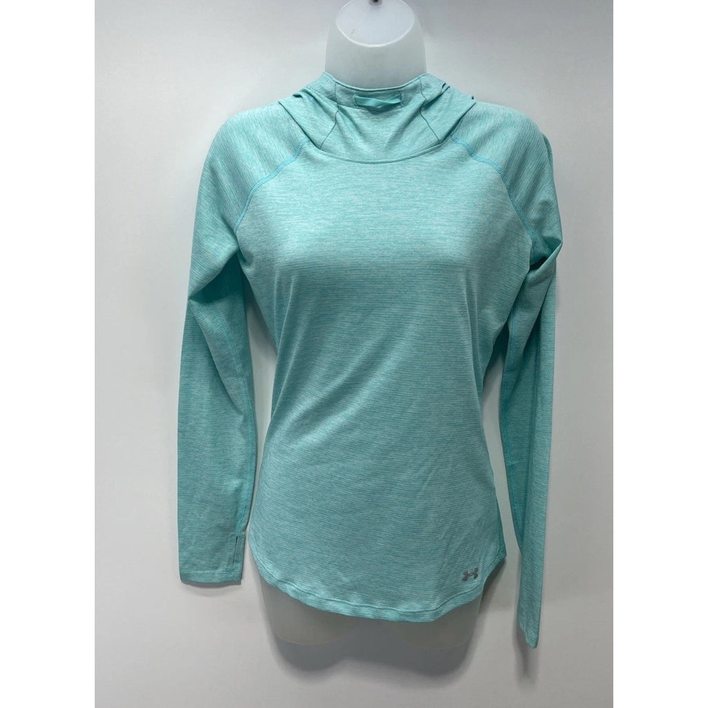 Under Armour Run Fitted Long Sleeve Hooded Shirt Pockets Blue Womens XS