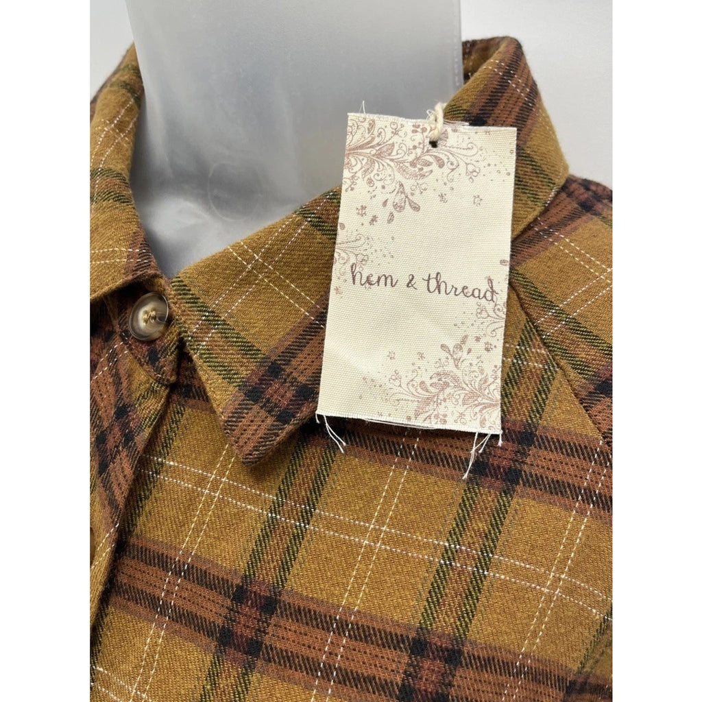 Hem & Thread Brown & Red Plaid Long Sleeve Button Up Raw Hem Size M