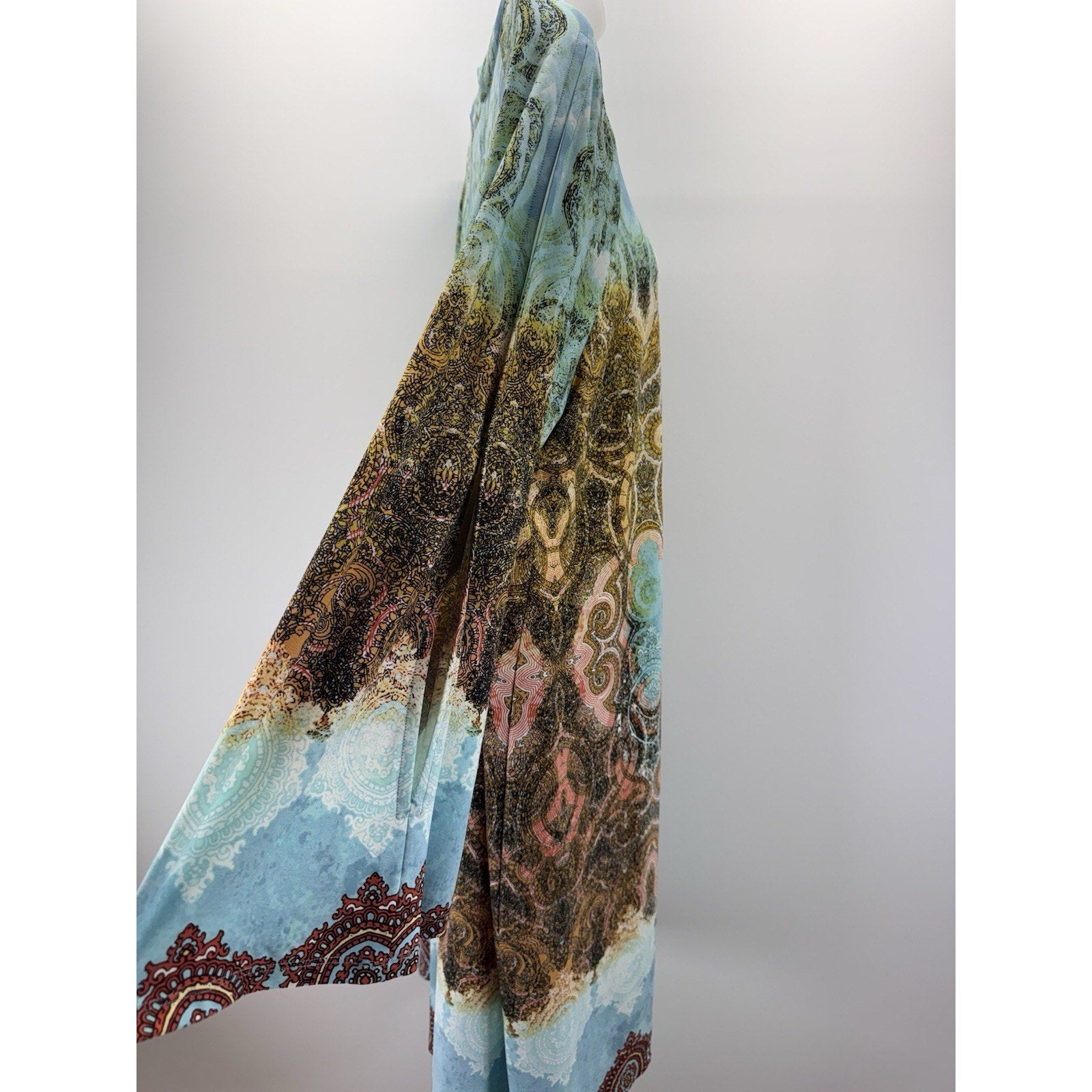 Chicos Cut Out Long Sleeves Beaded Neck Dress Aqua Print Size 3 (US XL)