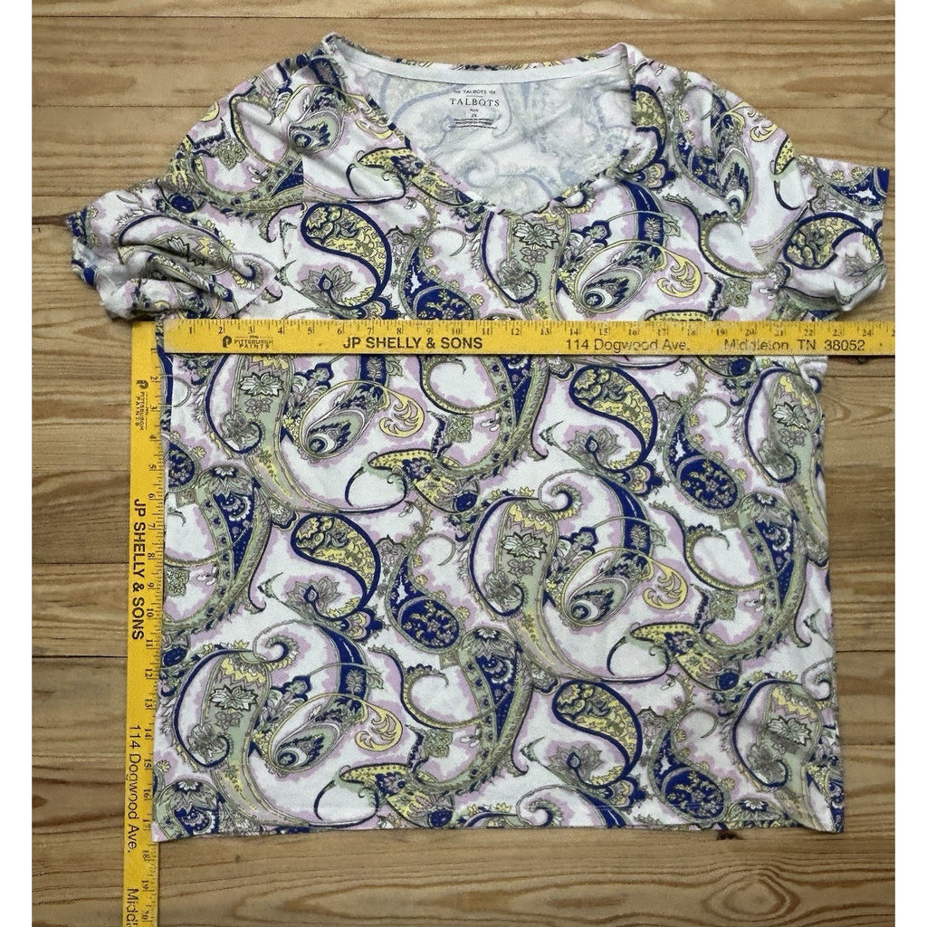 Talbots Women Sz 2X-Large Botanical Medallion 3/4 Sleeves Bateau Neck Tee.
