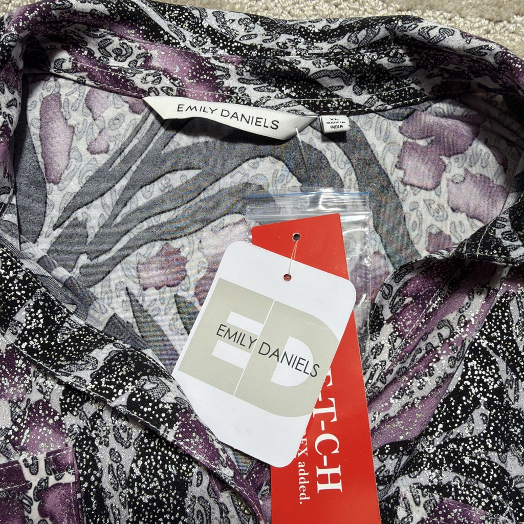 NWT Emily Daniels Beautiful Purple Black Silver Metallic Blouse- Size XL