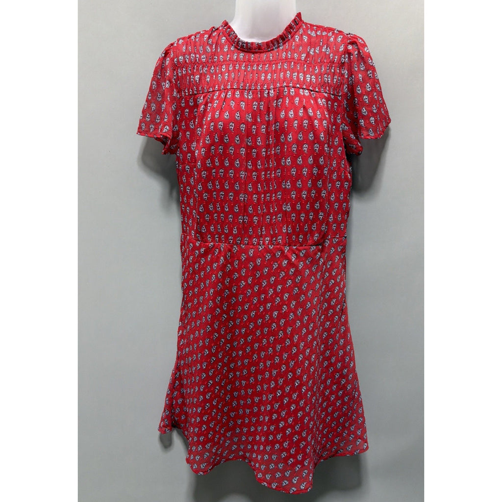 LOFT Red Paisley Clip Dot Smocked Mock Neck Lined Mini Dress Size 12 Petite