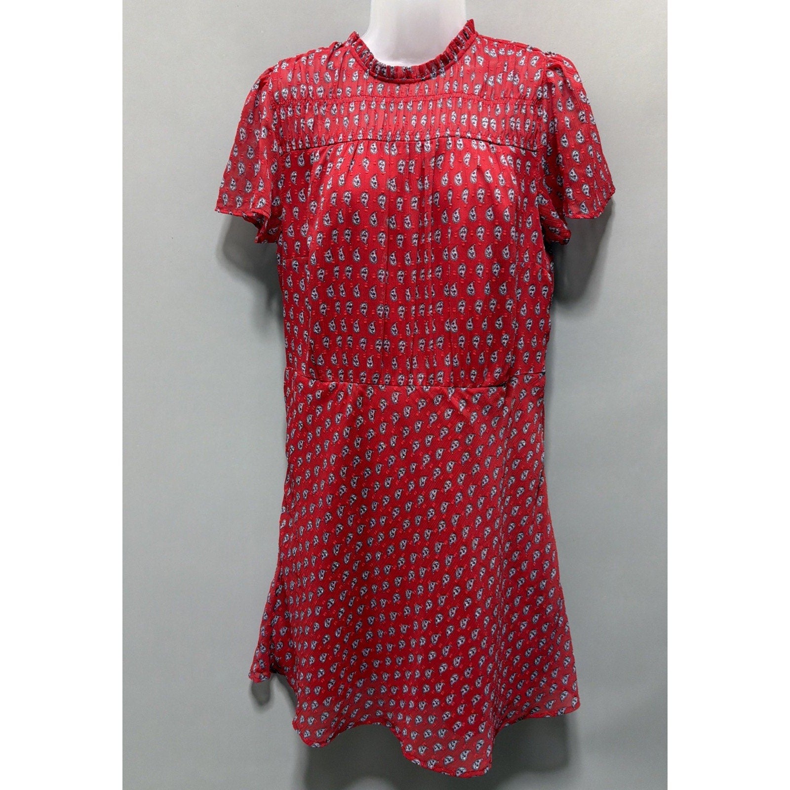 LOFT Red Paisley Clip Dot Smocked Mock Neck Lined Mini Dress Size 12 Petite