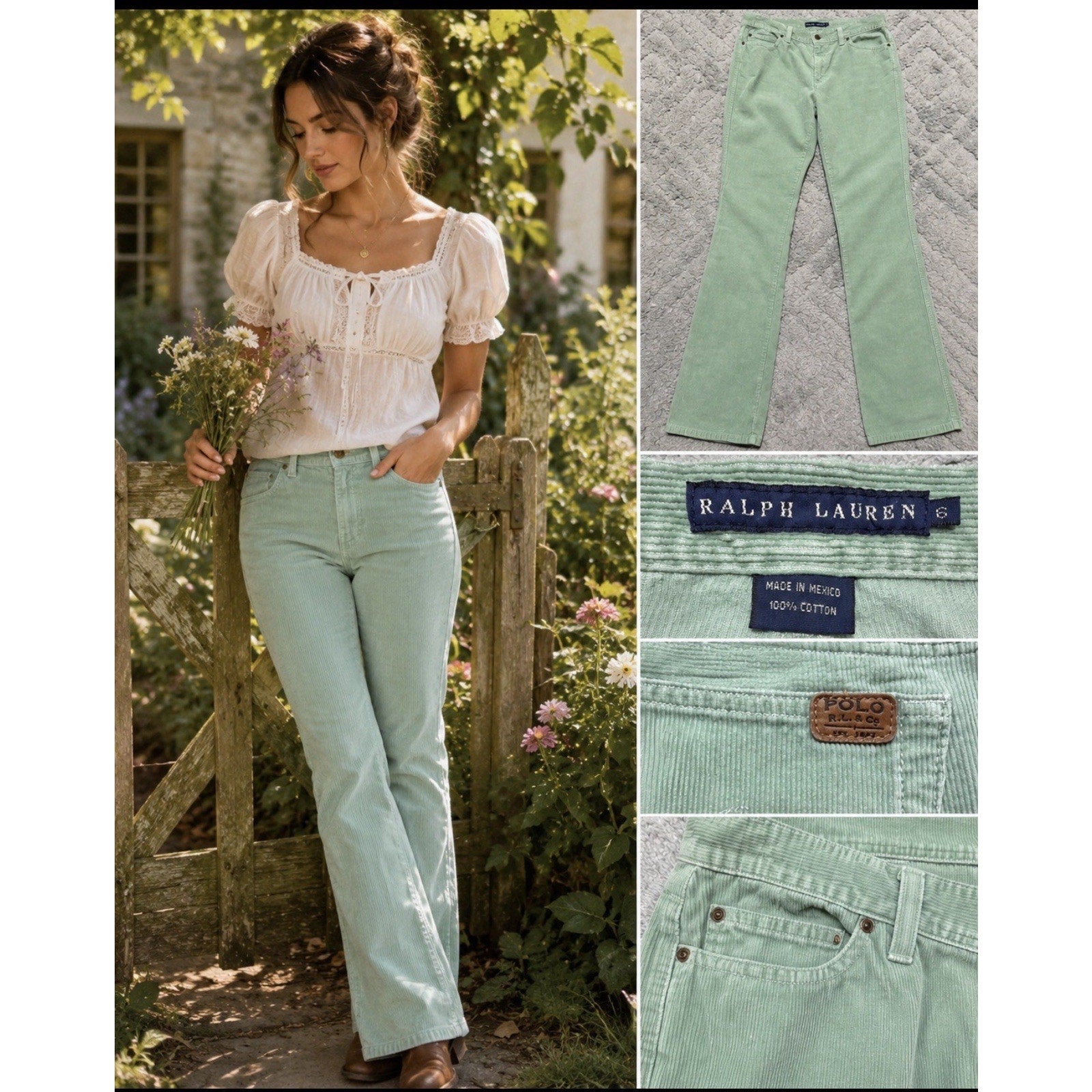 Vintage Polo Jeans Co Ralph Lauren Corduroy Flare Pants Green Size 6 32x34