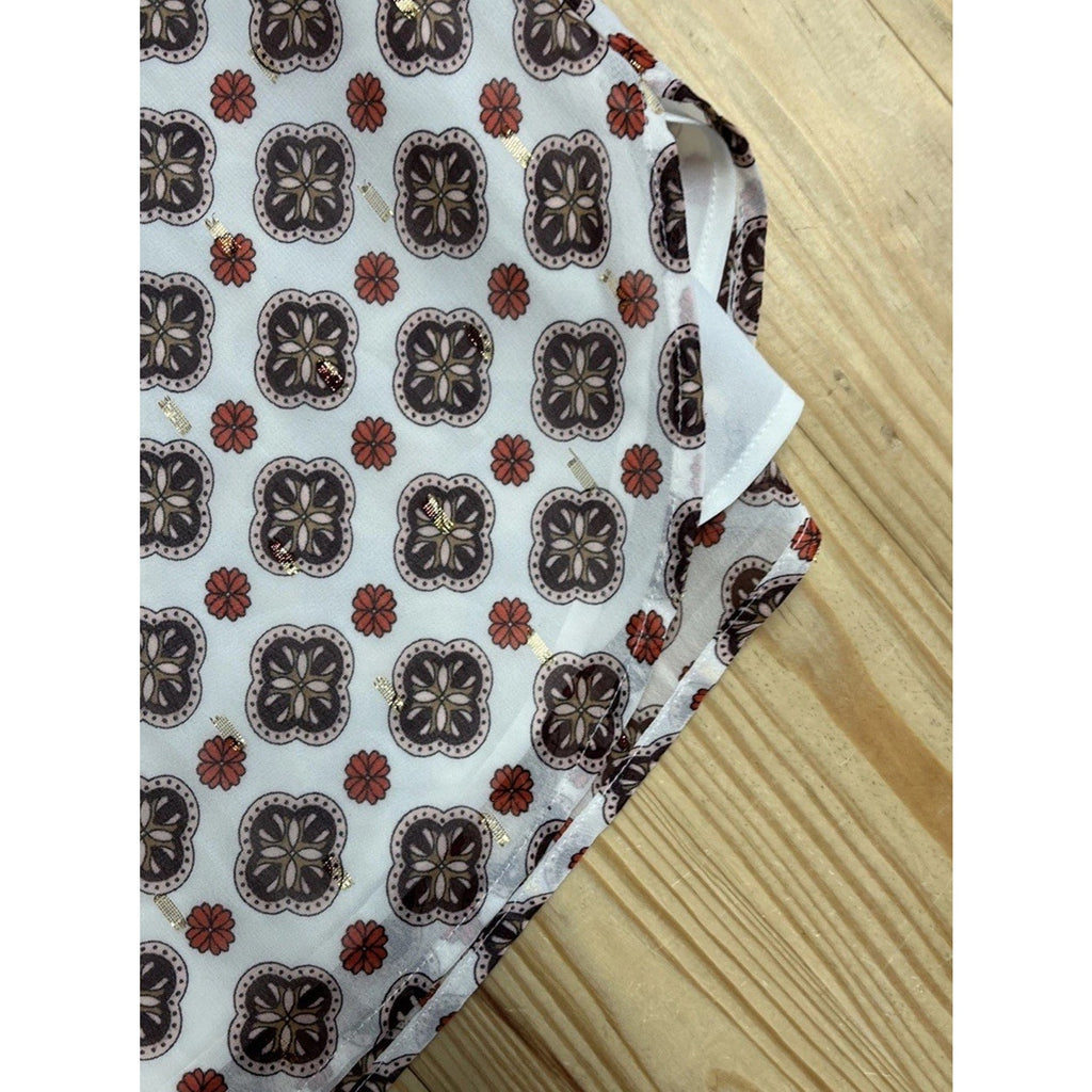 Talbots Damask Print Blouse Size L Floral 1/2 Lined Button Up Semi Sheer Boho