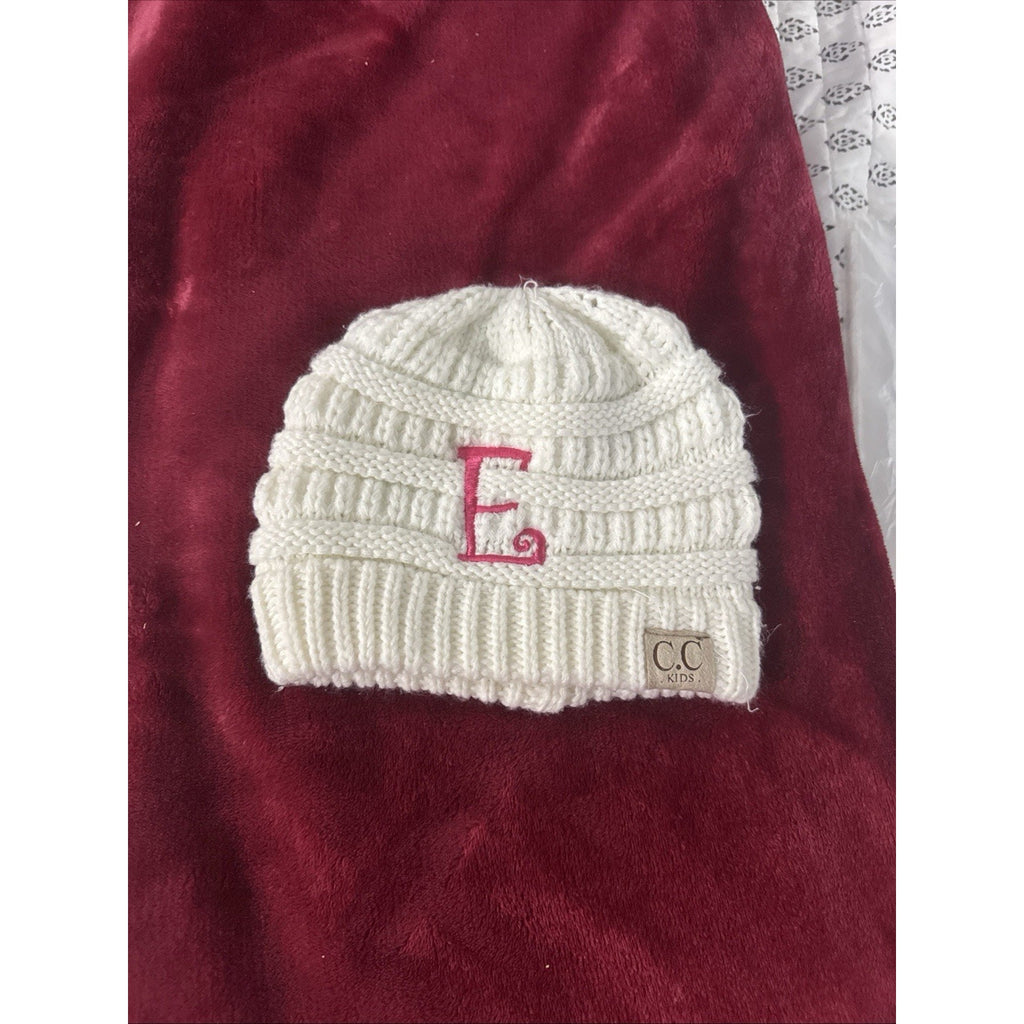 C.C Kids Girls Ivory Cable Knit Beanie Pink E Monogram Winter Hat One Size