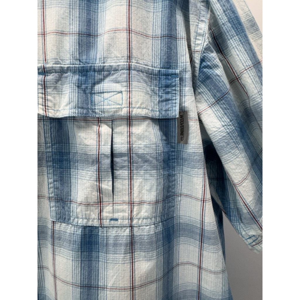 WOLVERINE Fishing Shirt White Blue Plaid 100% Cotton Men's XL