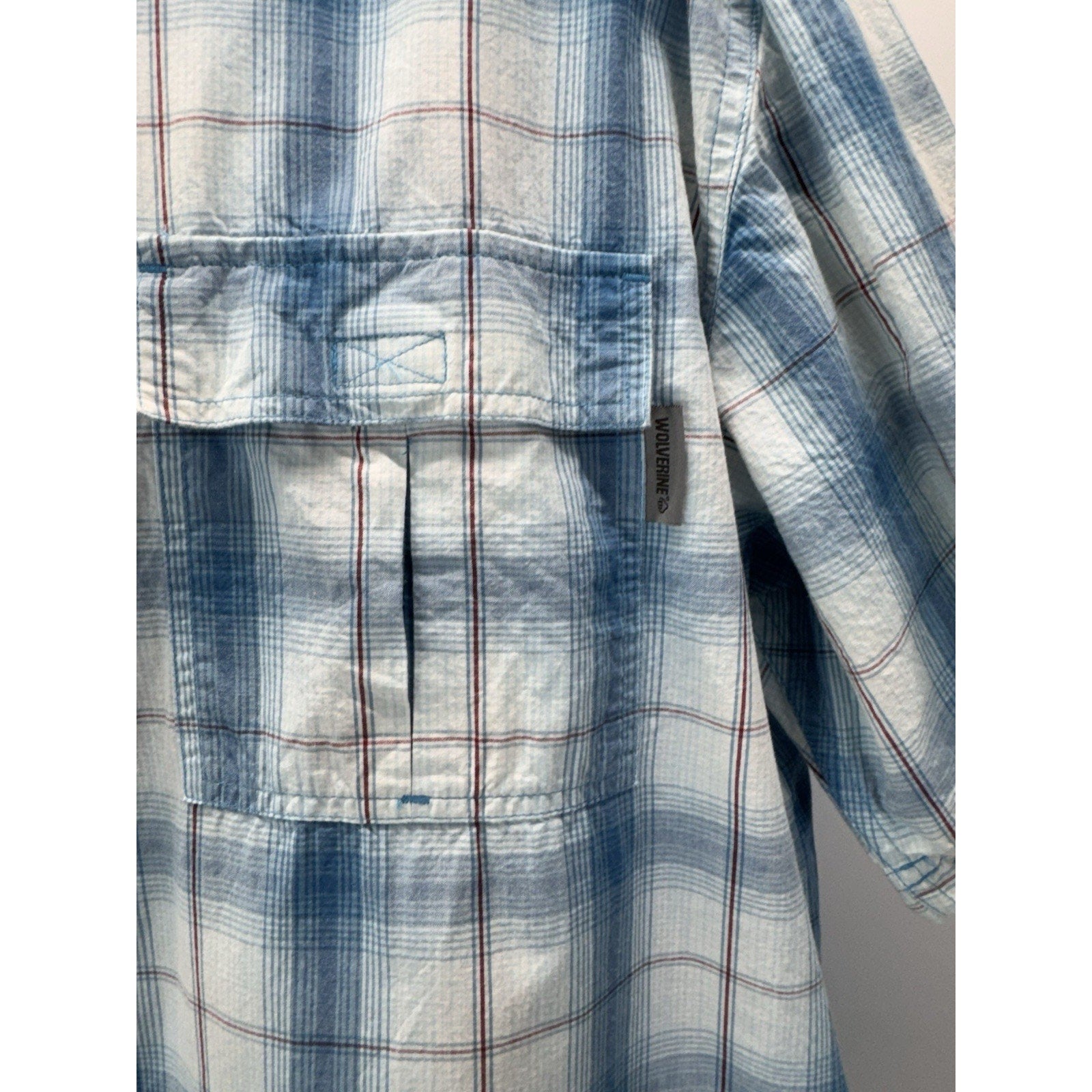WOLVERINE Fishing Shirt White Blue Plaid 100% Cotton Men's XL