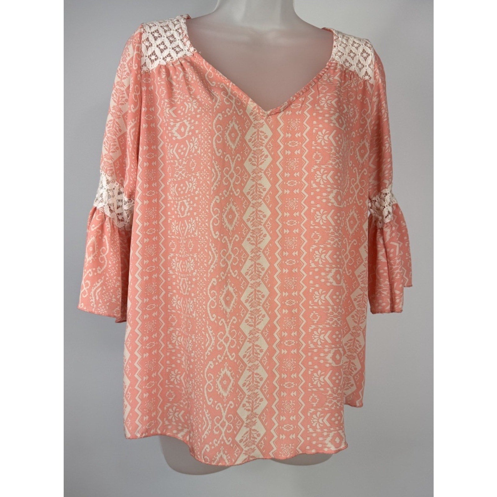 Rue 21 Women's Size S Sheer Peach And Ivory 3/4 Sleeve Blouse Boho Style