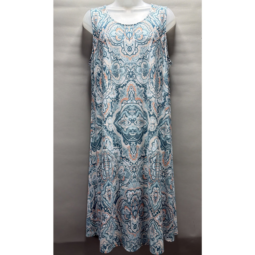 Chico’s Size 2 Blue Paisley Sleeveless Swing Dress Stretch A-Line L 12 EUC