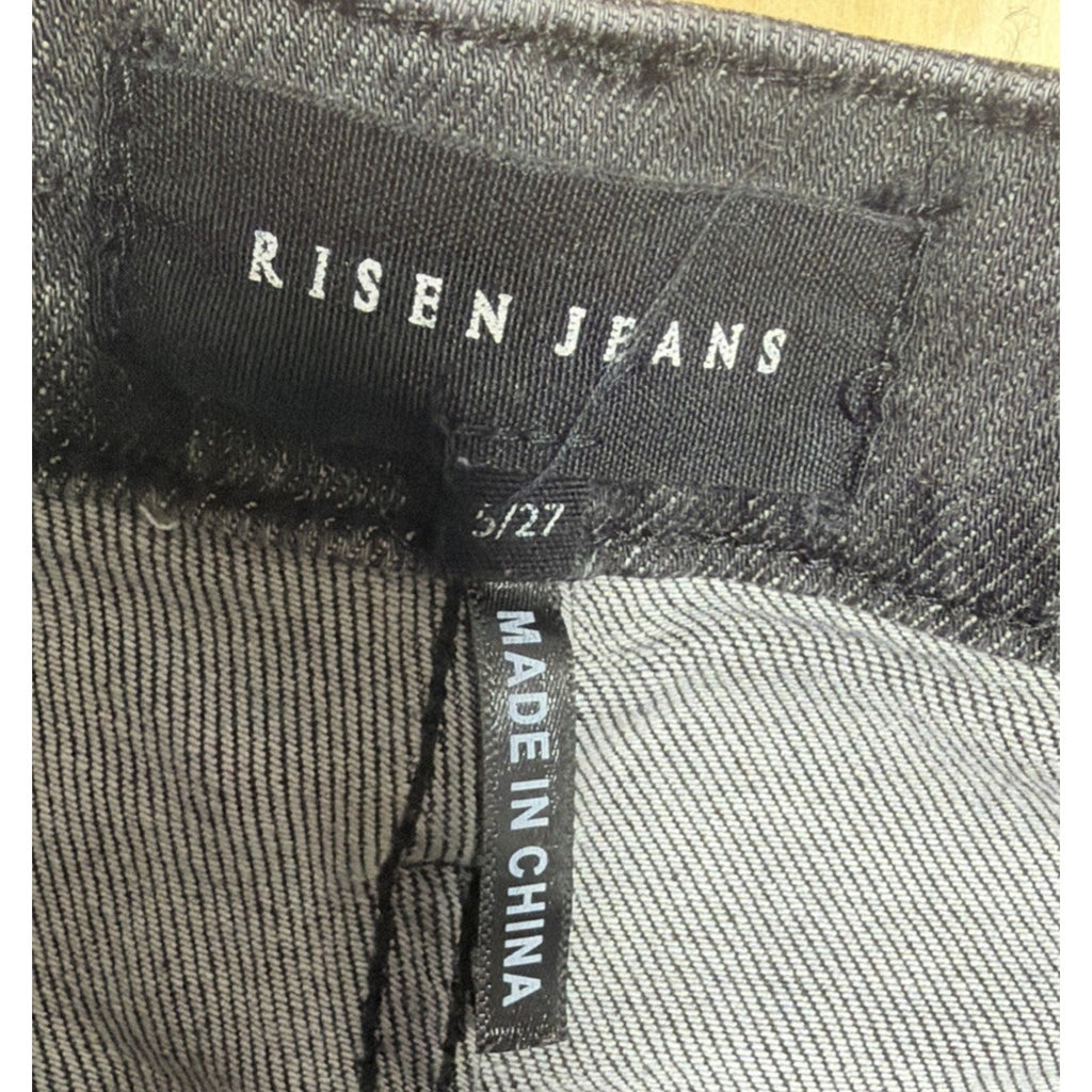 RISEN Raw Hem Cropped High Rise Flared Leg Black Washed Denim Jeans 5/27