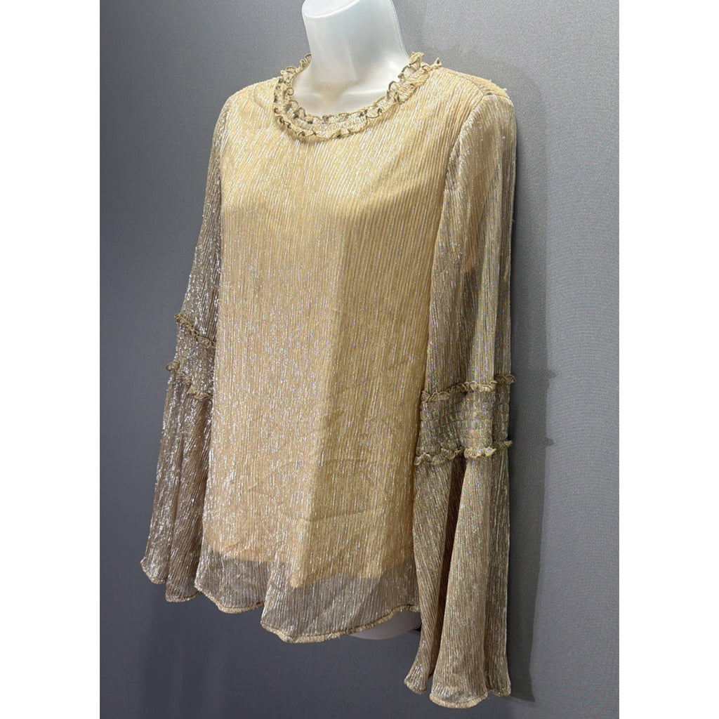 Savanna Jane Champagne Gold Metallic Bell Sleeve Boho Top Tired Ruffle Sleeve S