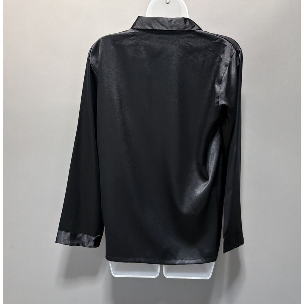 SWOMOG Womens Pajamas Top Silky Satin Sleepwear Long Sleeve Small Black
