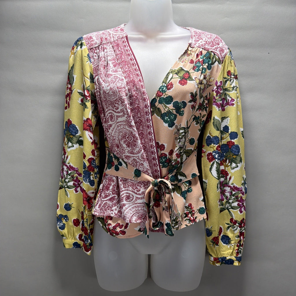 Anthropologie Meadow Rue Floral Patchwork Wrap Top Blouse Long Sleeve Tie Size 2