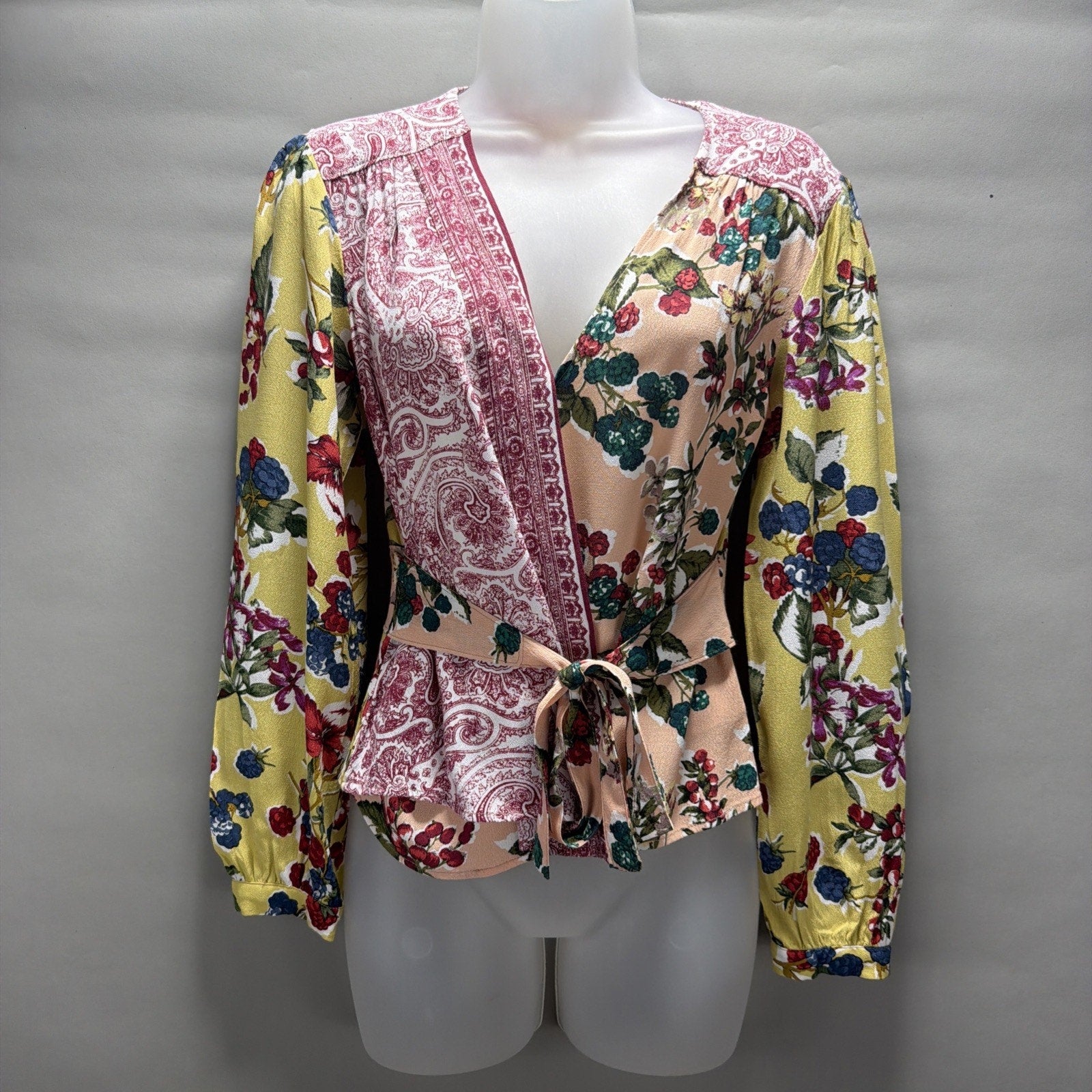 Anthropologie Meadow Rue Floral Patchwork Wrap Top Blouse Long Sleeve Tie Size 2