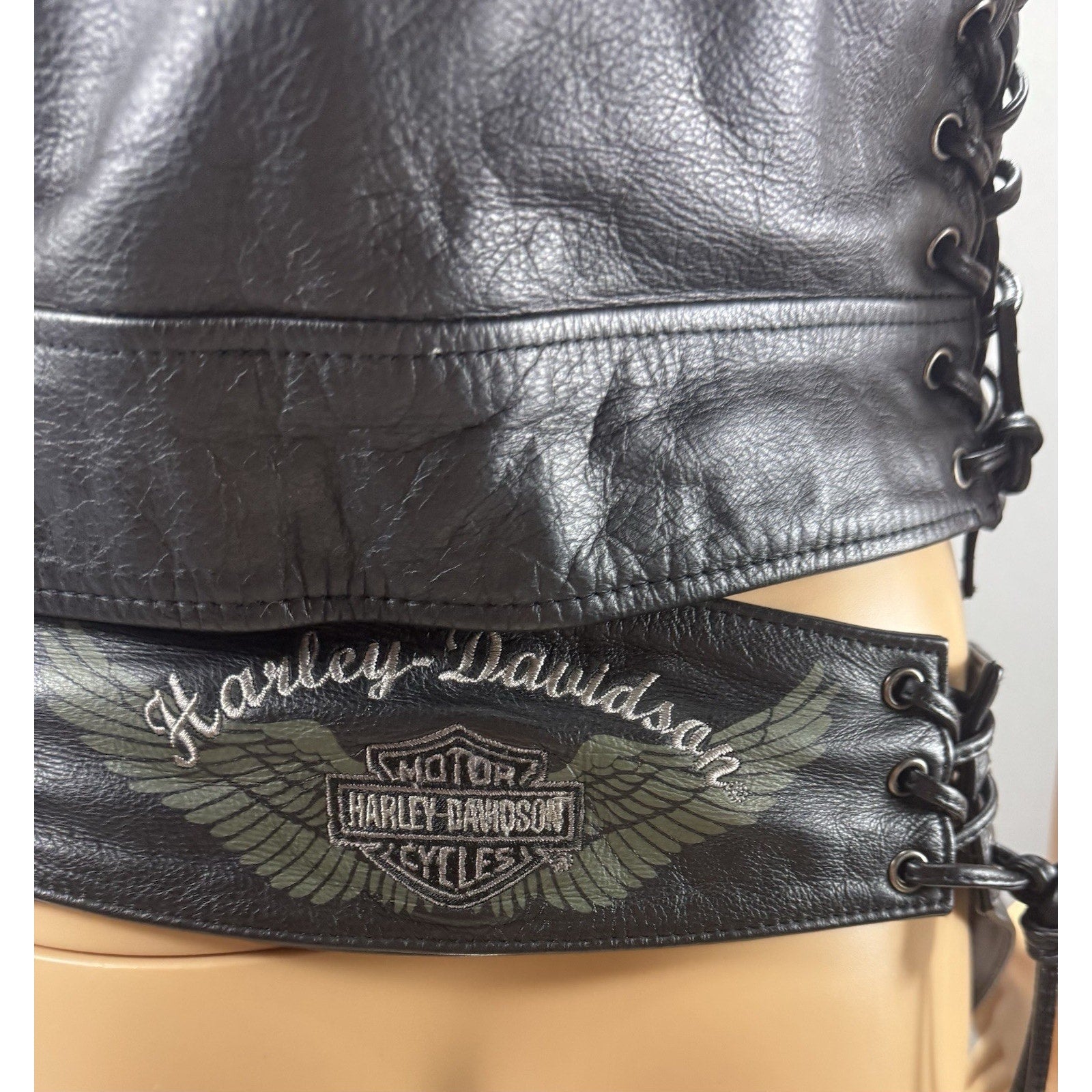 Harley-Davidson Leather Vest & Chaps Matching Set Green Wing Logo Black