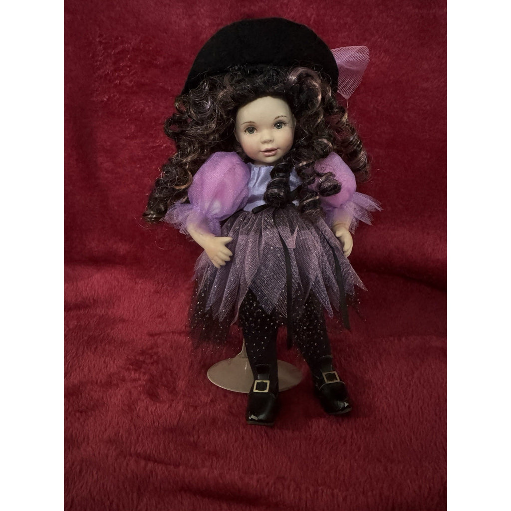 2007 Artist Signed 11” Witch Doll Purple Black Dress Curly Hair Halloween