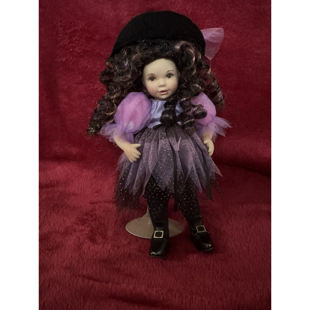 2007 Artist Signed 11” Witch Doll Purple Black Dress Curly Hair Halloween