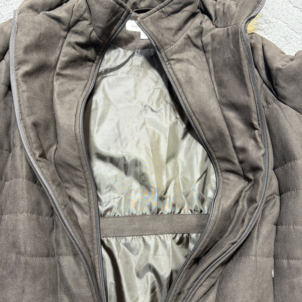 Women's L Liz Claiborne Puffer Jacket Coat Faux Fur Trim Hood Quilted Parka