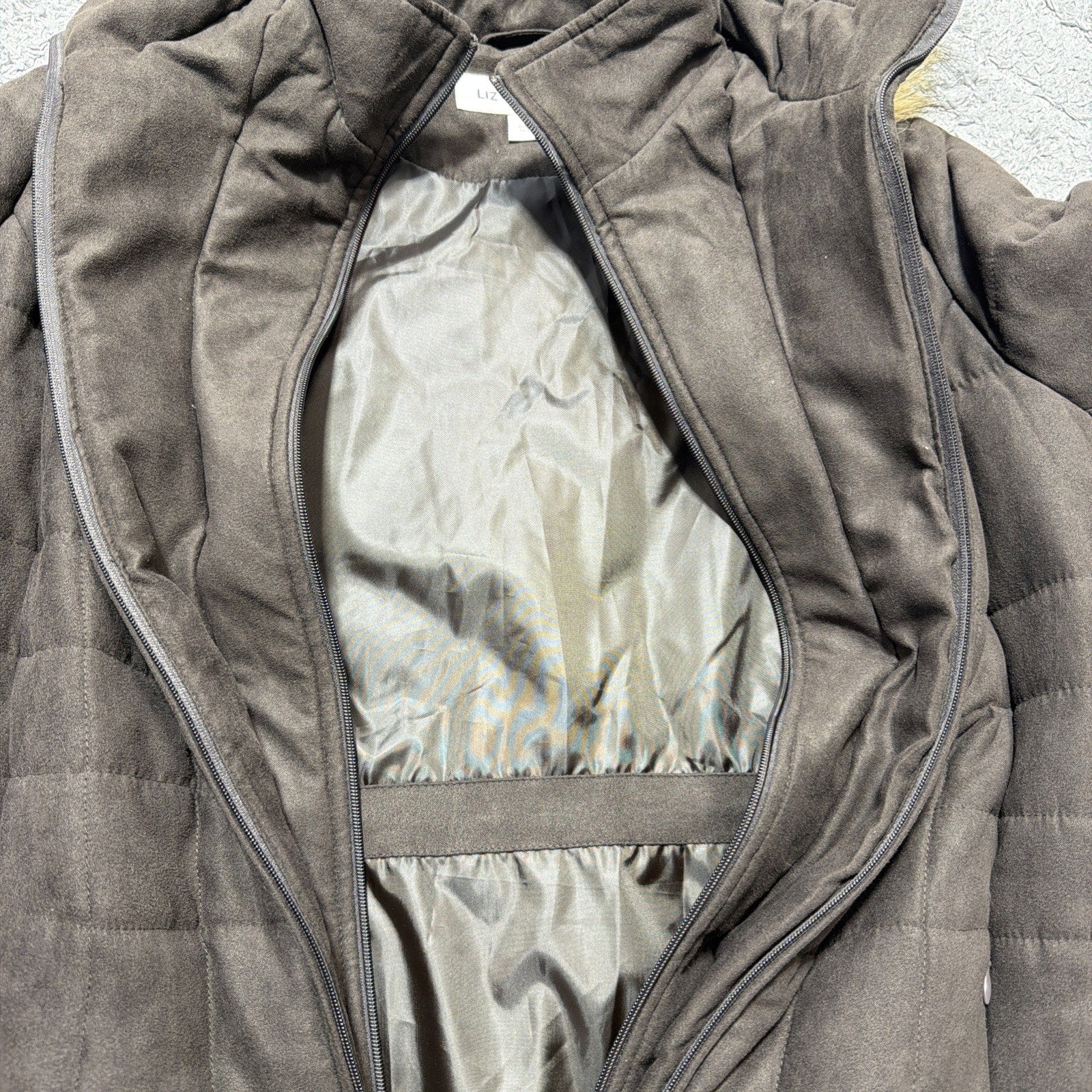 Women's L Liz Claiborne Puffer Jacket Coat Faux Fur Trim Hood Quilted Parka