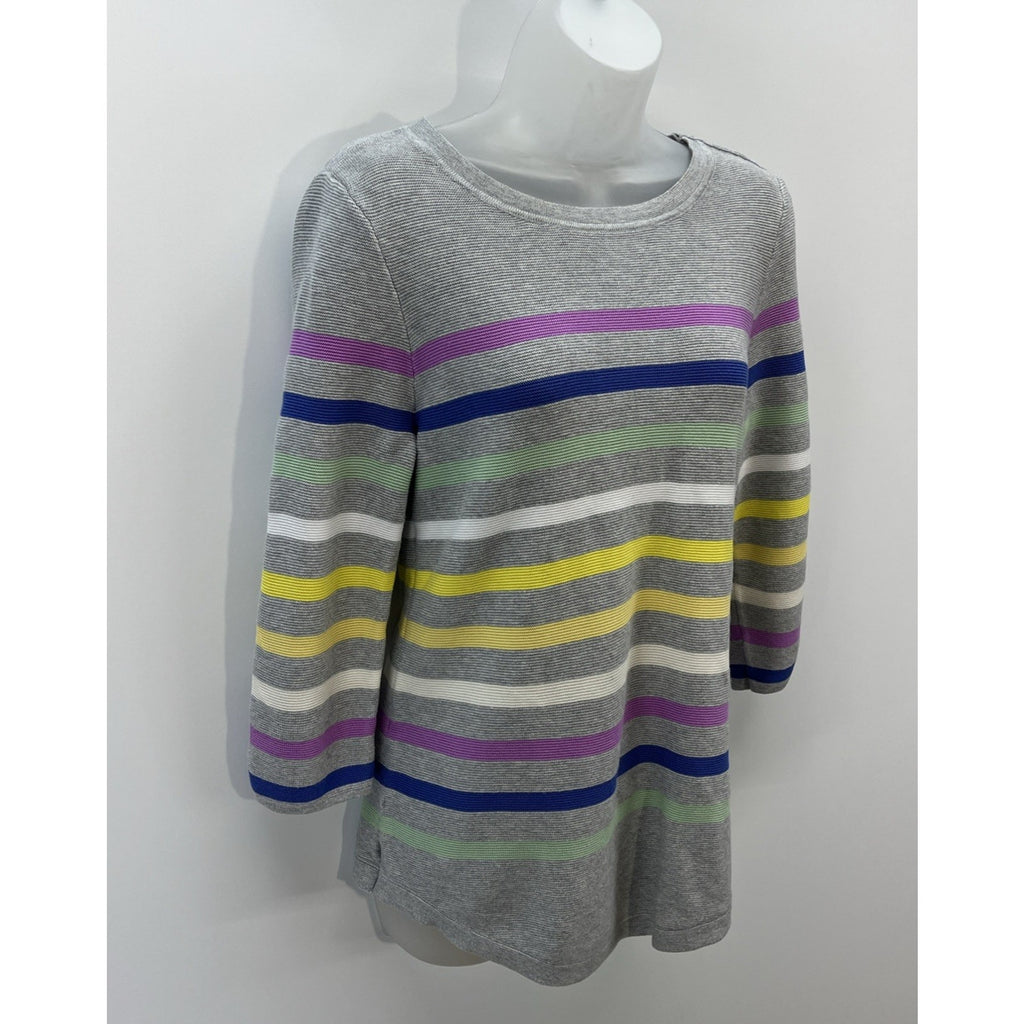 Talbots Petite Women's Gray W/Multicolor Stripes 3/4 Sleeve Buttons Sweater M