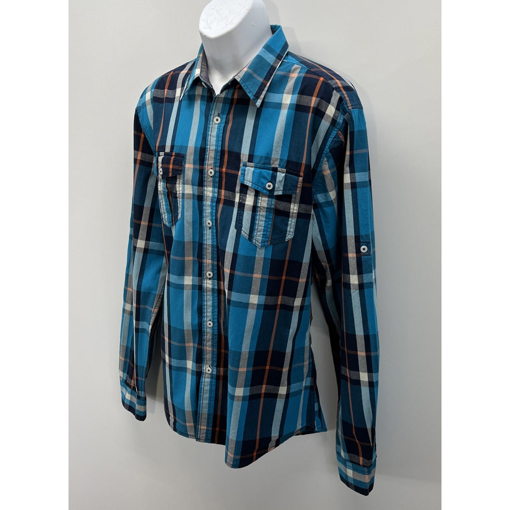CARBON Slim Fit Mens XXL Plaid Striped Blue Long Sleeve Button Down Shirt