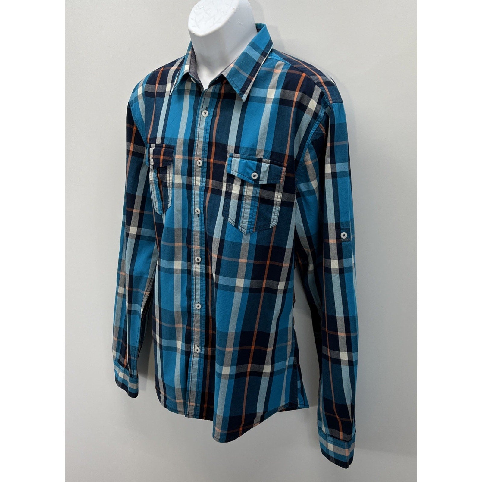 CARBON Slim Fit Mens XXL Plaid Striped Blue Long Sleeve Button Down Shirt
