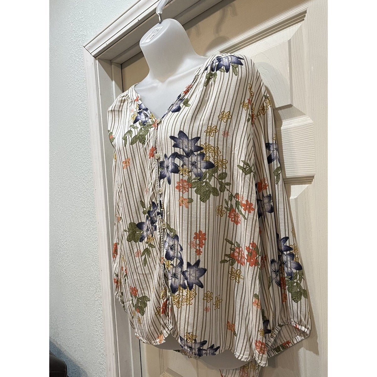 Sonoma Boho Flare Sleeve Tunic Cream Floral Top Women's Size 2XL Cream Striped