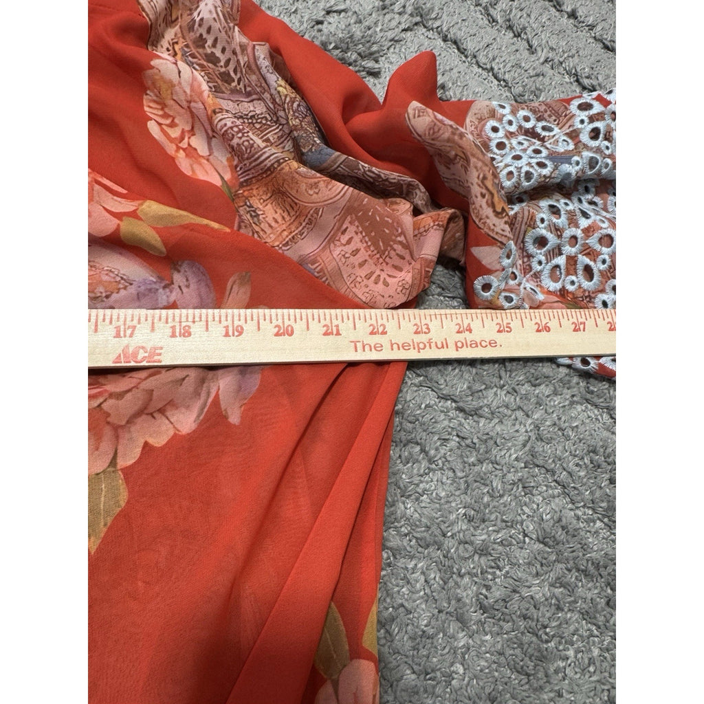 NWT Cato Floral Paisley Kimono Cardigan Cover Up Lace Trim Coral Orange Boho L