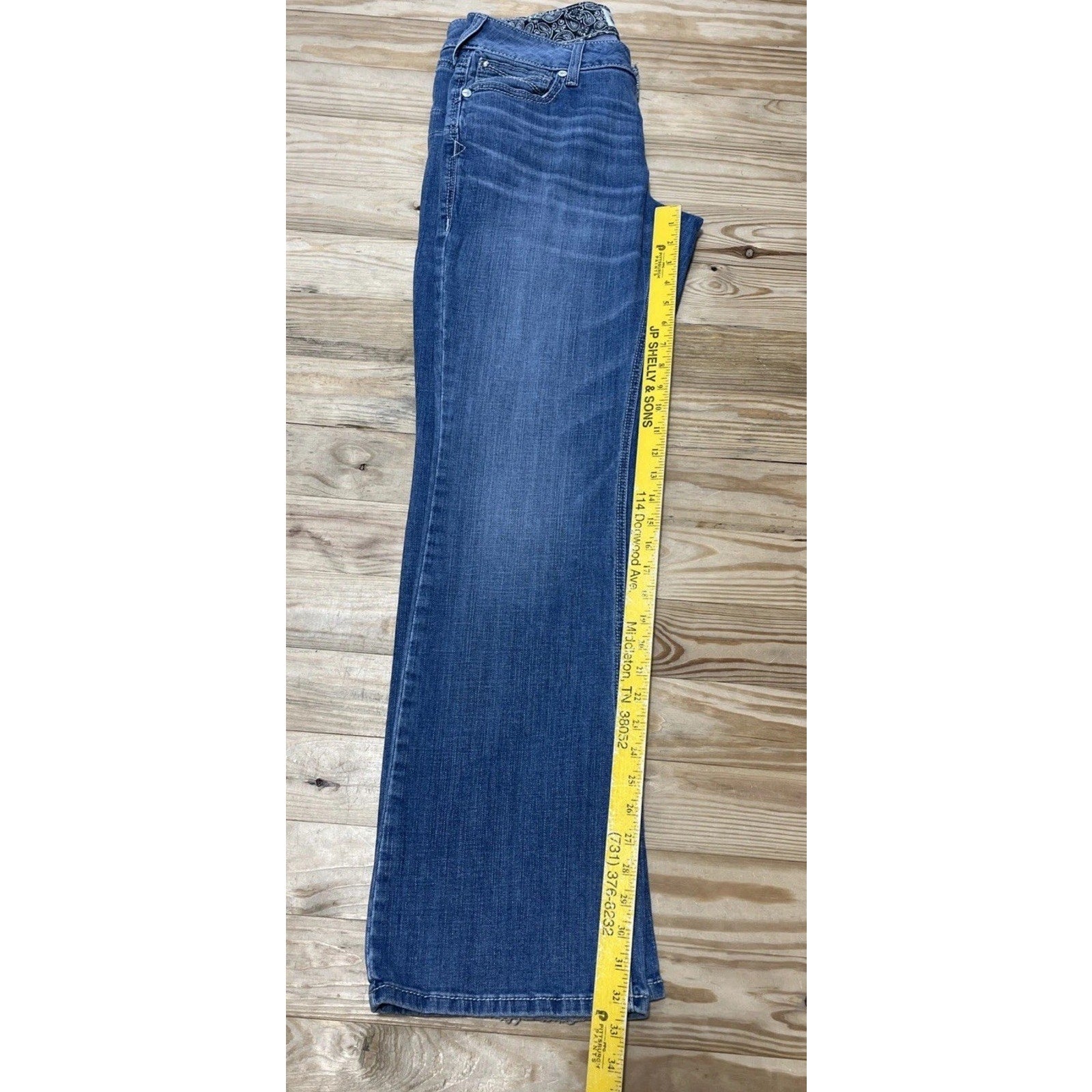 ARIAT REAL DENIM WOMENS SIZE 31 R SHORT BOOTCUT BLUE JEANS LOW RISE WHITE STITCH