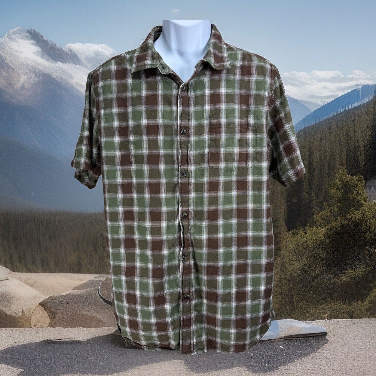 The North Face Men's M Medium Green Brown Plaid Check Button Front Shirt