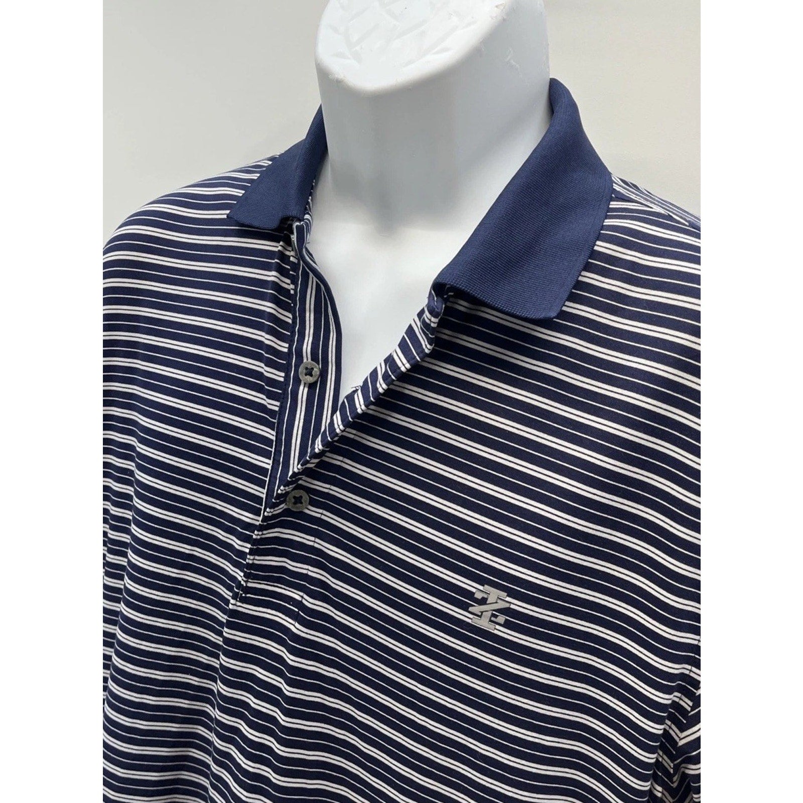 IZOD Polo Shirt Mens Large White Navy Striped Golf Collared Short Sleeve Classic