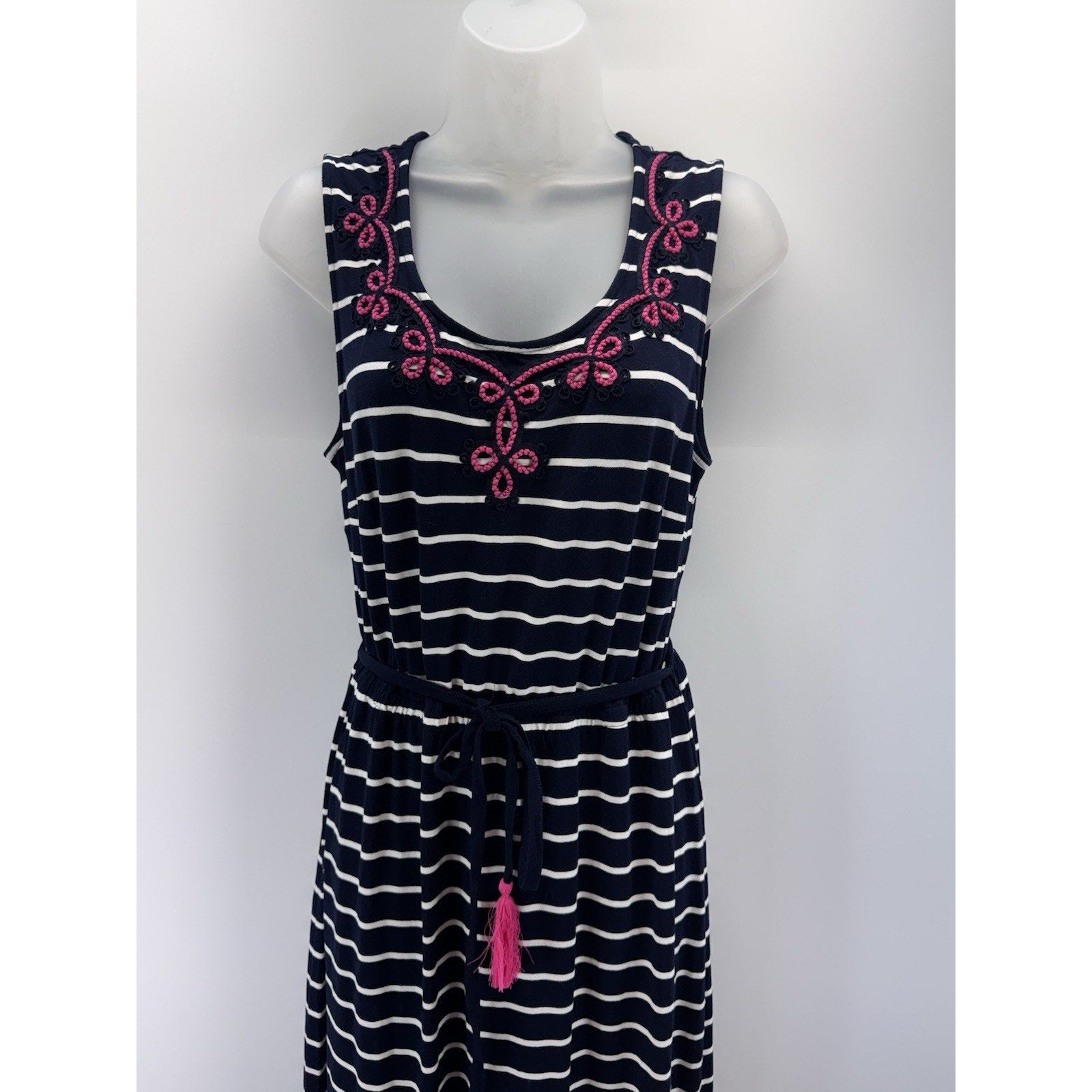 Talbots Maxi Dress Embroidered Navy White Striped Pink Tassel Belt Size M NWT