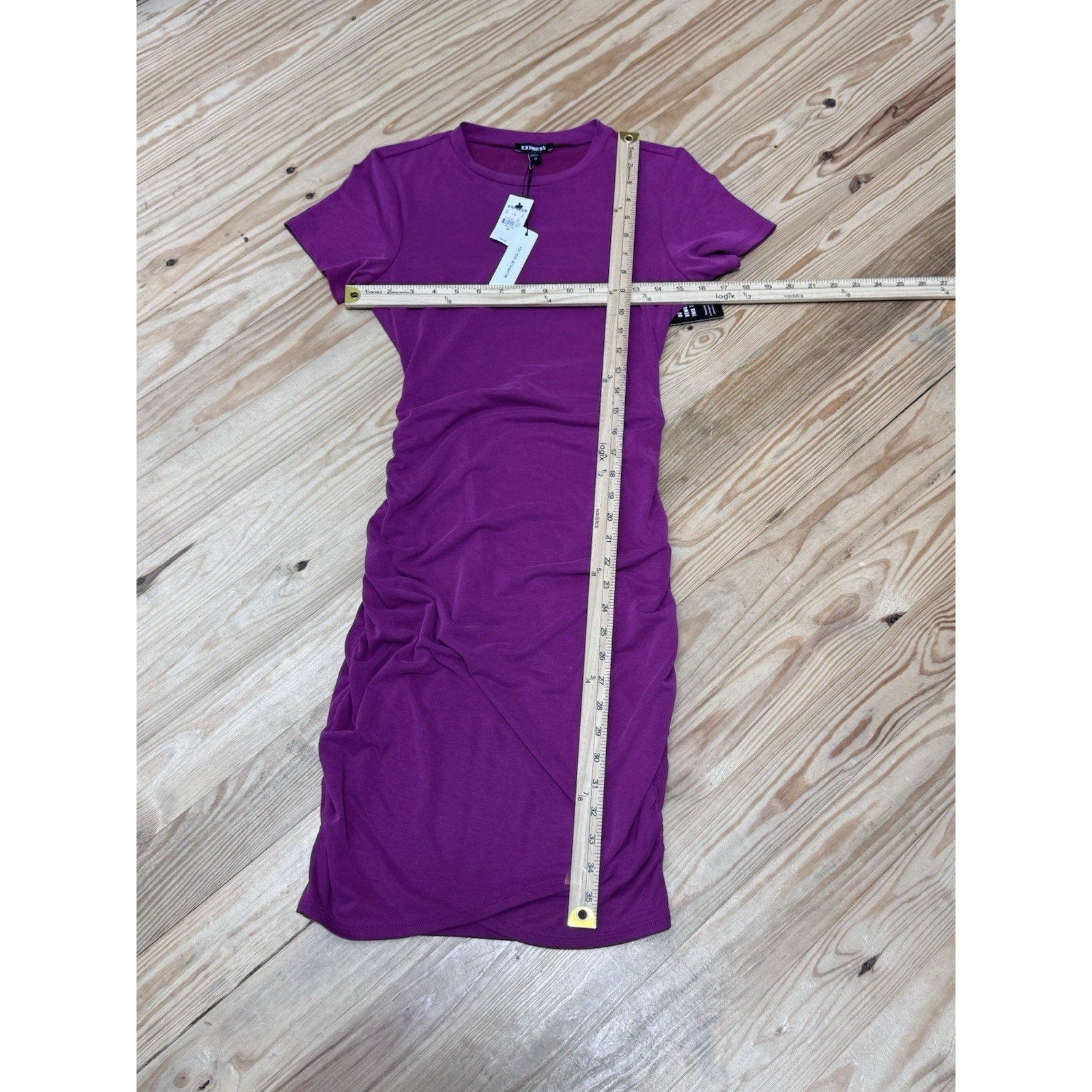 NWT Express Fuschia Pink Scrunch Side Short Sleeve Bodycon Midi Dress Size XS