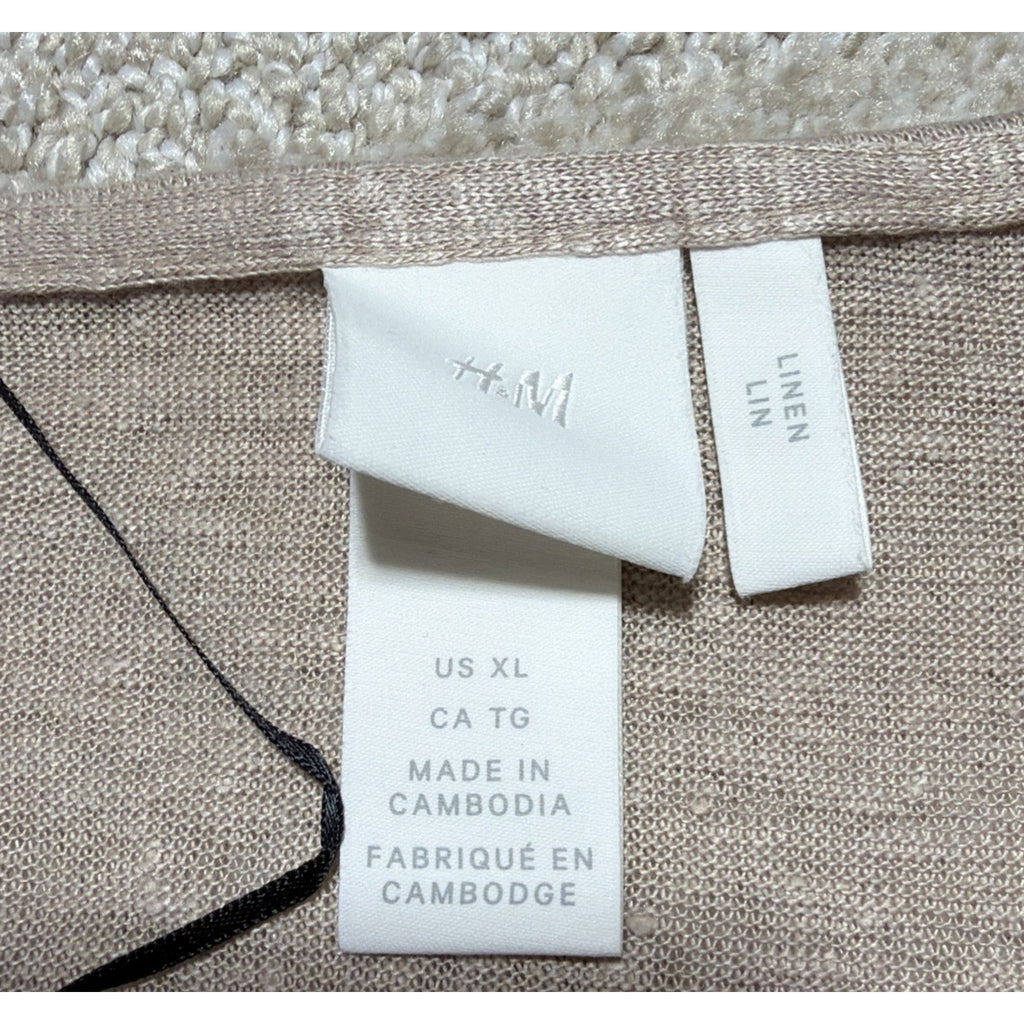 H&M XL Tan 100% Linen Oversized V-neck Short Tie Sleeve Blouse