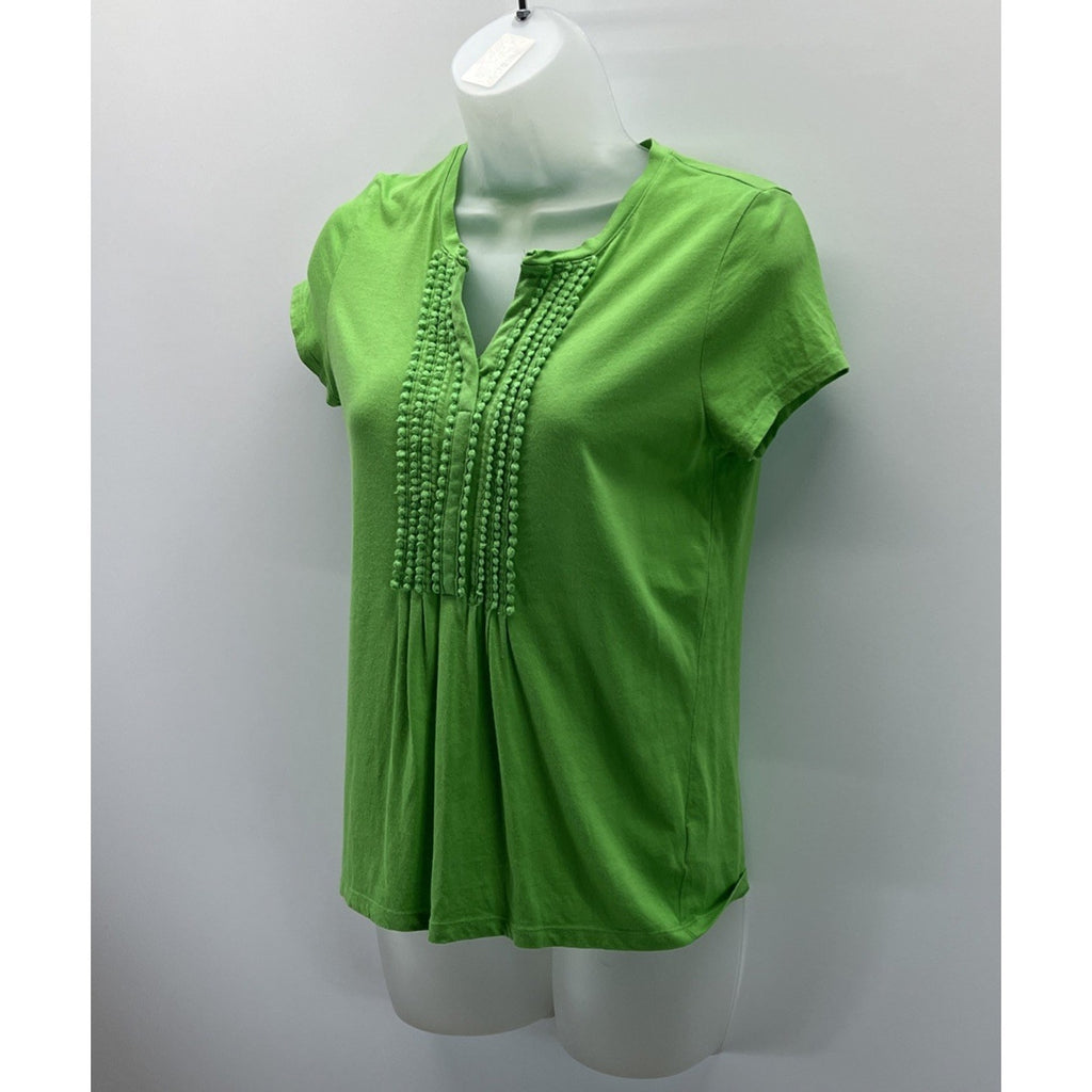 TALBOTS Woman SS Green Knit Top With Detailed Trim Front Placket Size SP