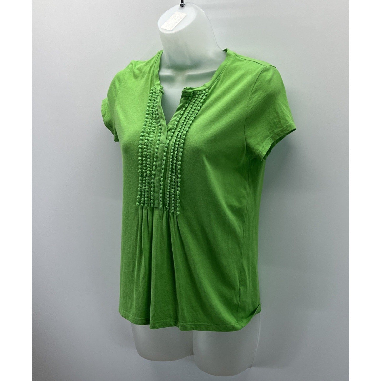 TALBOTS Woman SS Green Knit Top With Detailed Trim Front Placket Size SP